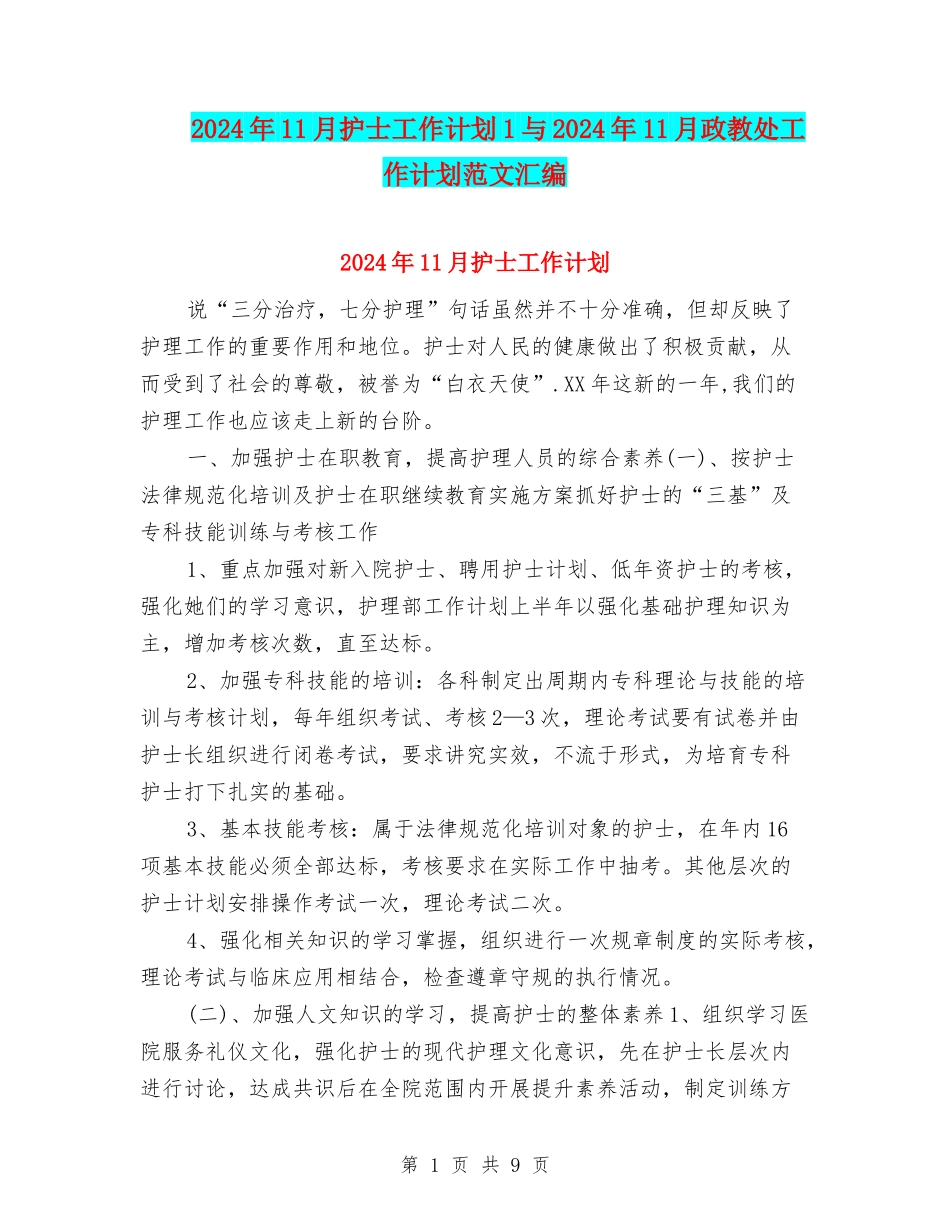 2024年11月护士工作计划1与2024年11月政教处工作计划范文汇编_第1页