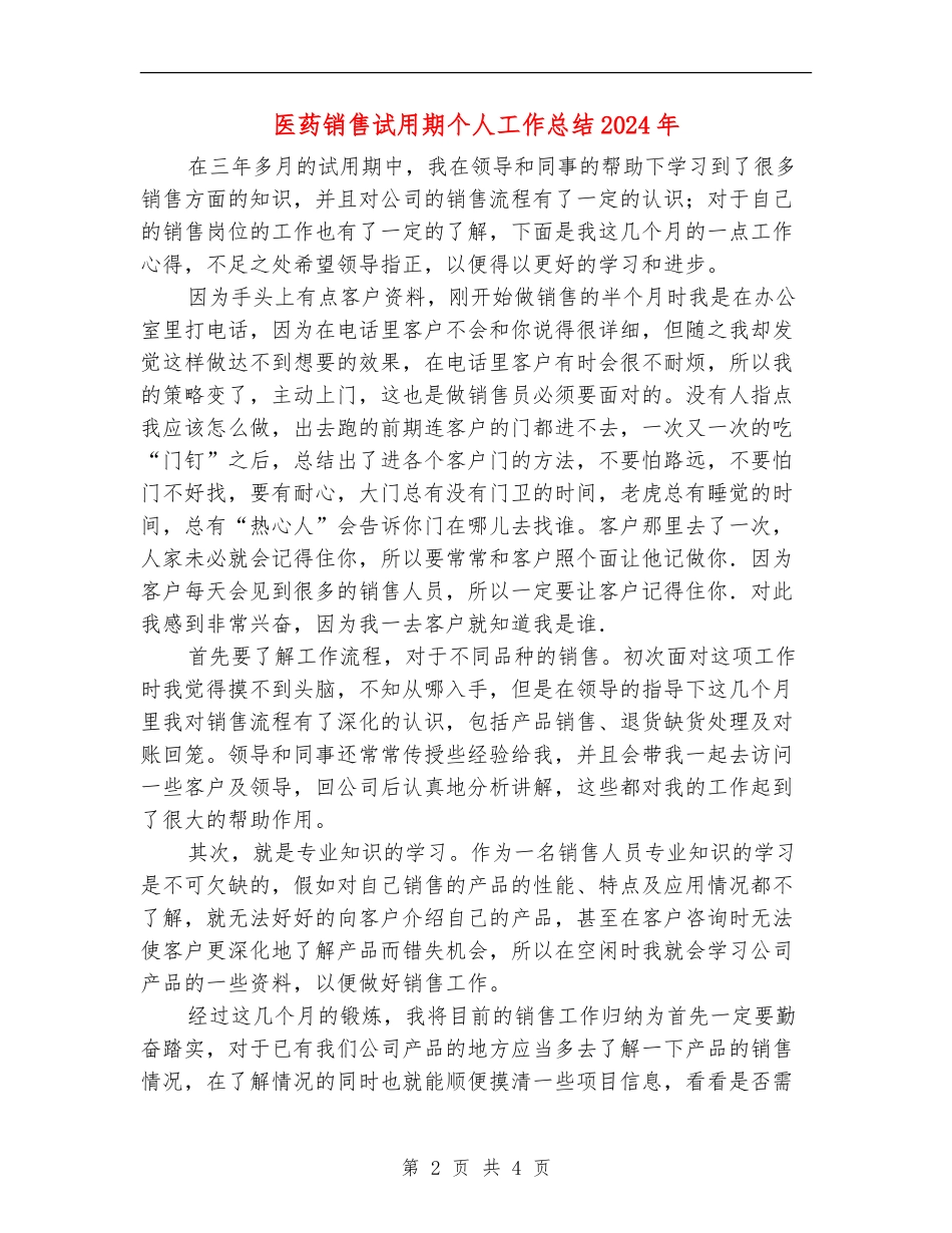 医药销售试用期个人工作总结2024年_第2页