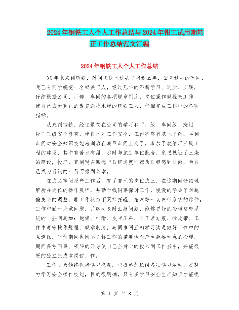 2024年钢铁工人个人工作总结与2024年钳工试用期转正工作总结范文汇编_第1页