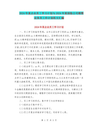 2024年某企业员工学习计划与2024年某保险公司销售业务员工作计划范文汇编