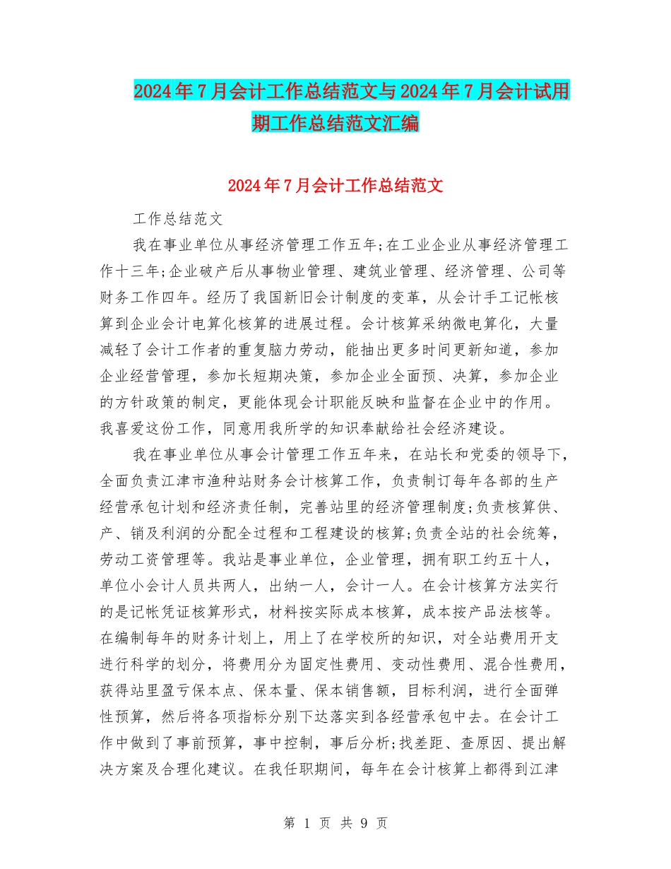 2024年7月会计工作总结范文与2024年7月会计试用期工作总结范文汇编_第1页