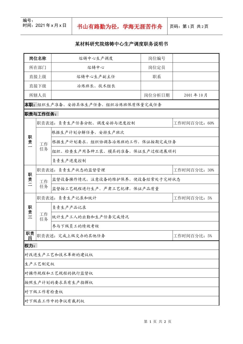 熔铸中心生产调度职务说明书_第1页