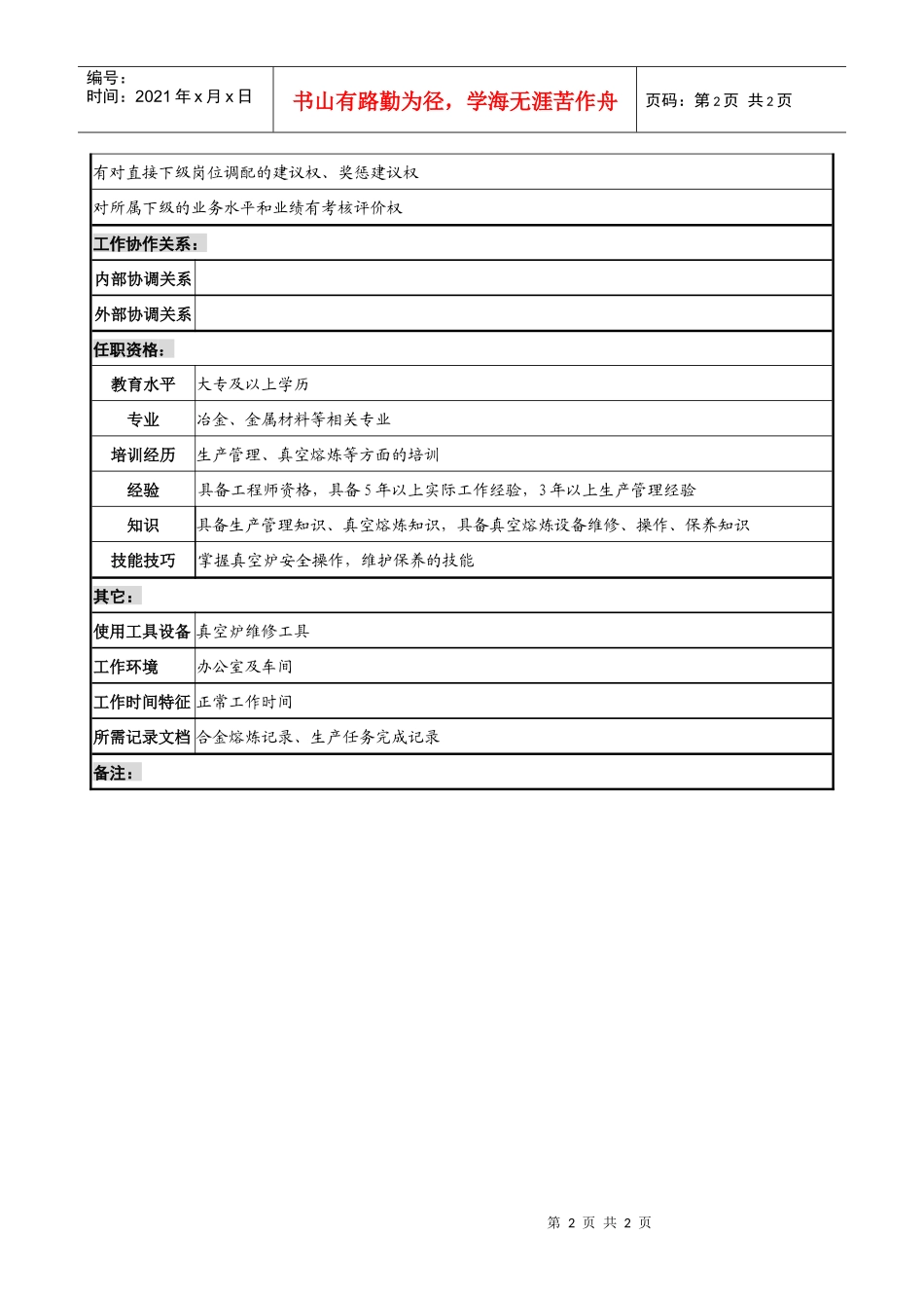 熔铸中心生产调度职务说明书_第2页