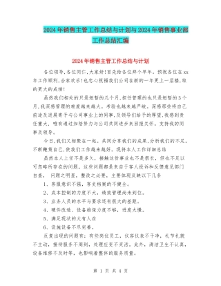 2024年销售主管工作总结与计划与2024年销售事业部工作总结汇编