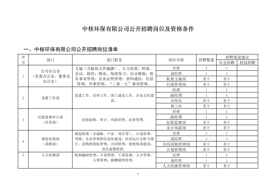 某环保有限公司公开招聘岗位及资格条件_第1页