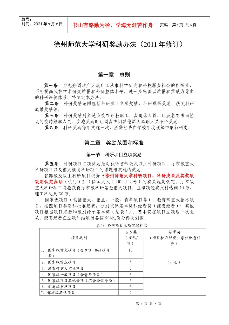 徐州师范大学科研奖励办法(XXXX年修订)_第1页
