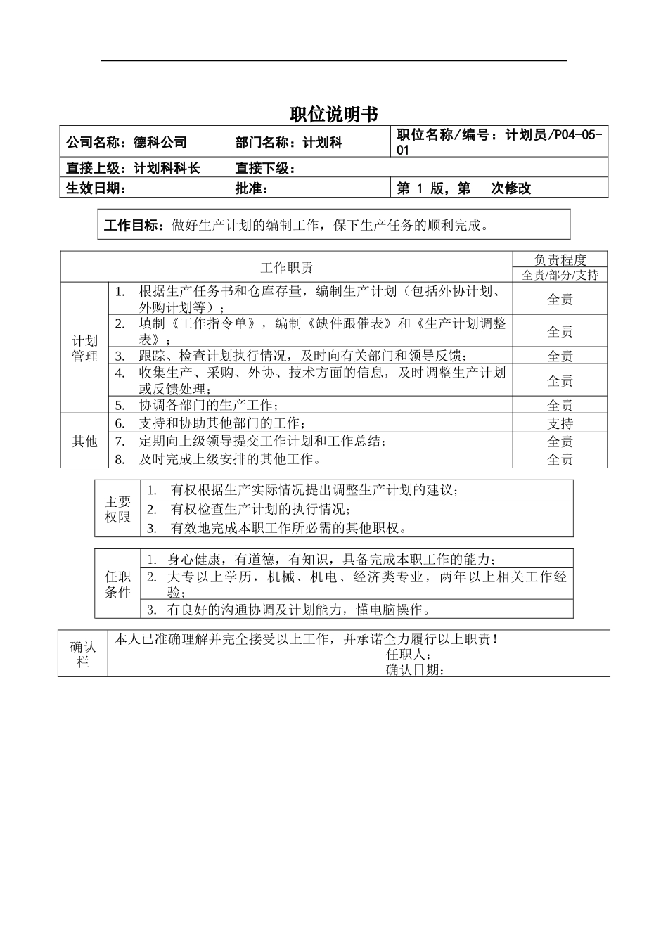 职位说明书_计划员_第1页