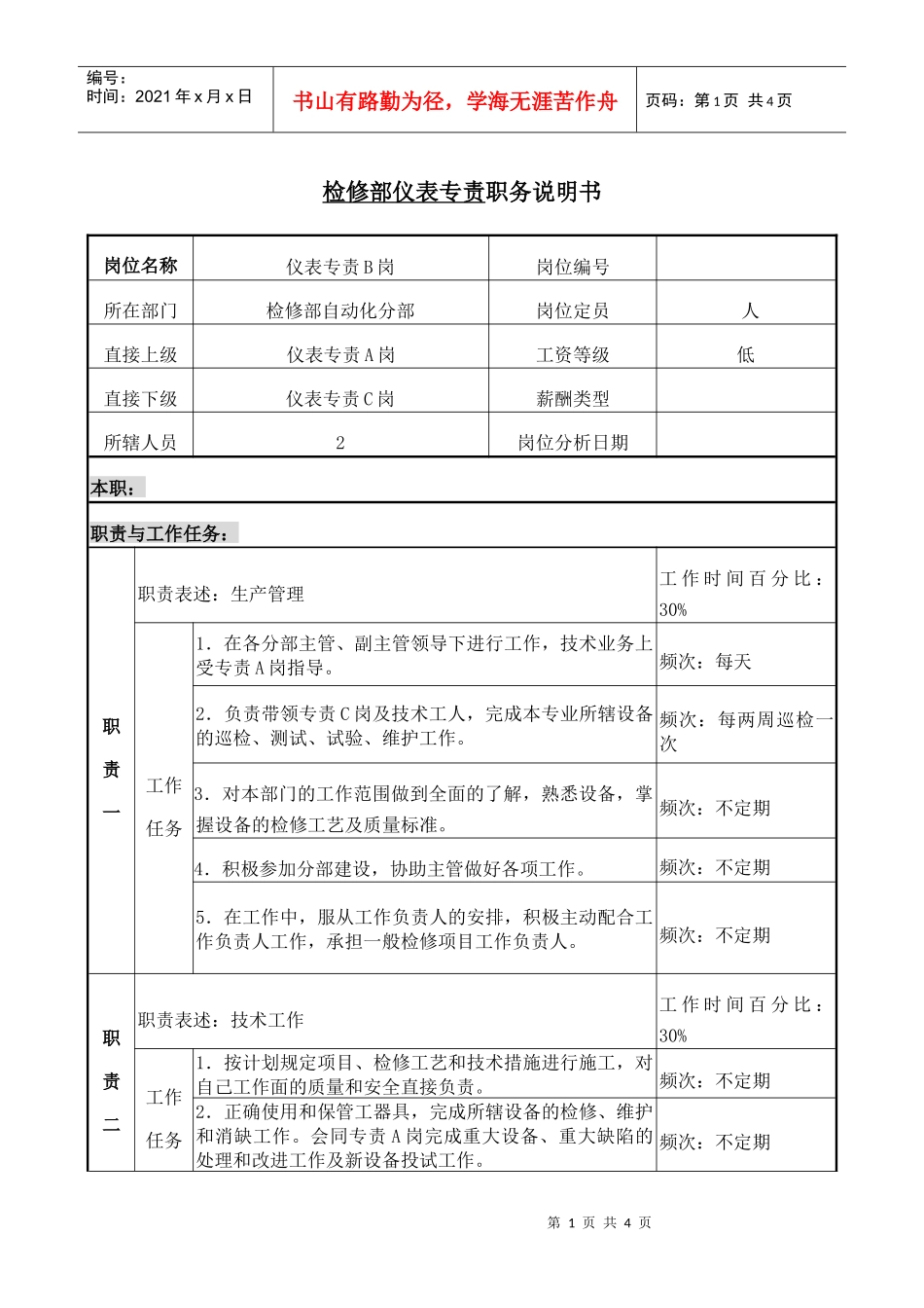 职务说明书检修部仪表专责B岗_第1页