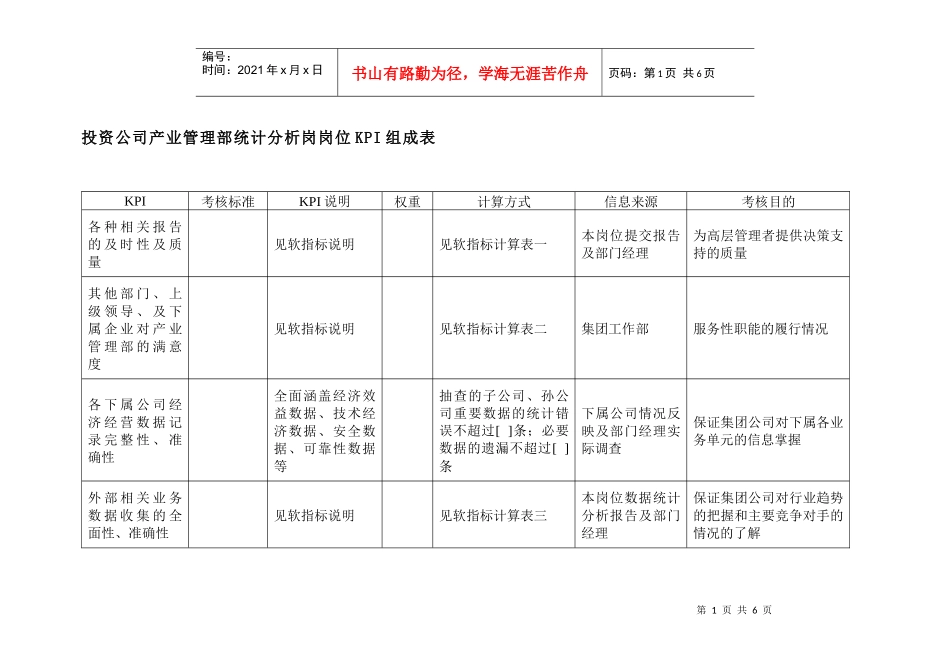 投资公司产业管理部统计分析岗岗位kpi组成表_第1页