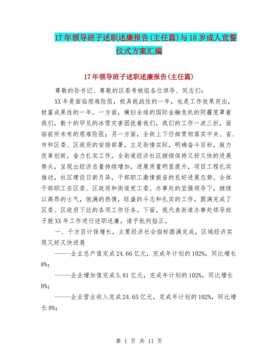 17年领导班子述职述廉报告与18岁成人宣誓仪式方案汇编_第1页