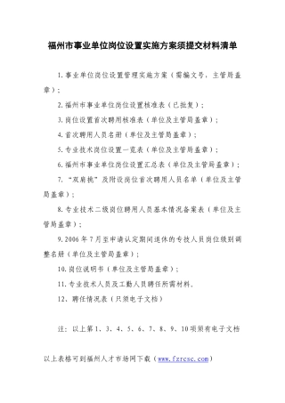 福州市事业单位岗位设置实施方案须提交材料清单