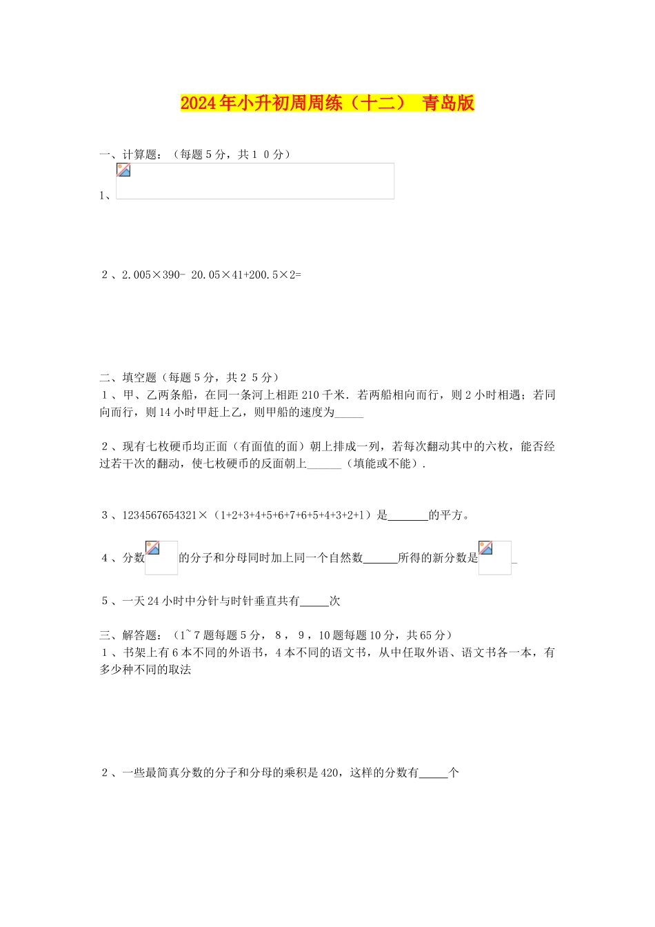 2024年小升初周周练(十二)-青岛版_第1页