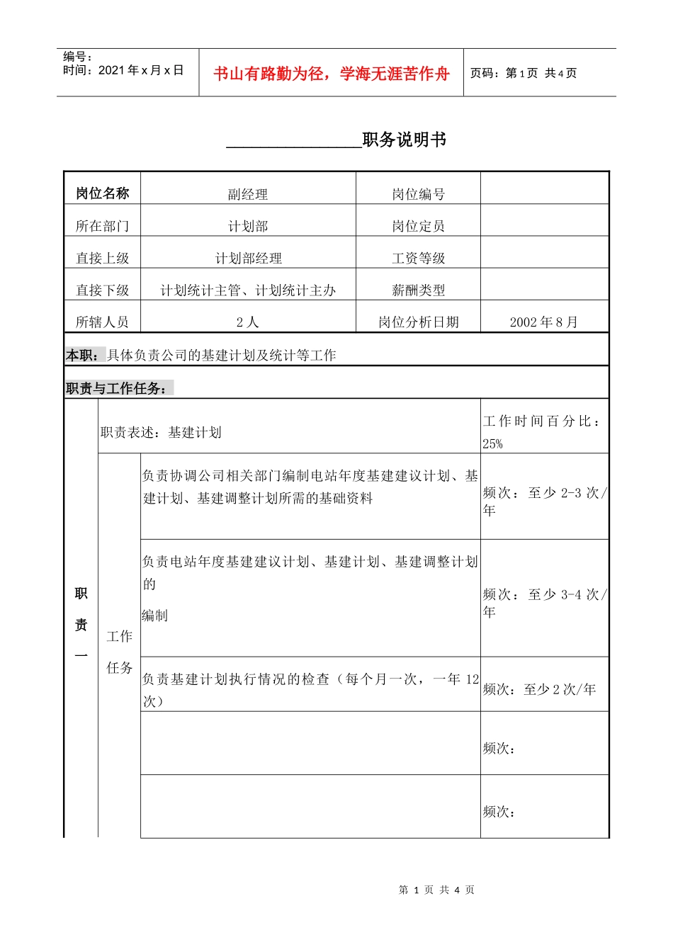 计划部副经理职务说明书_第1页