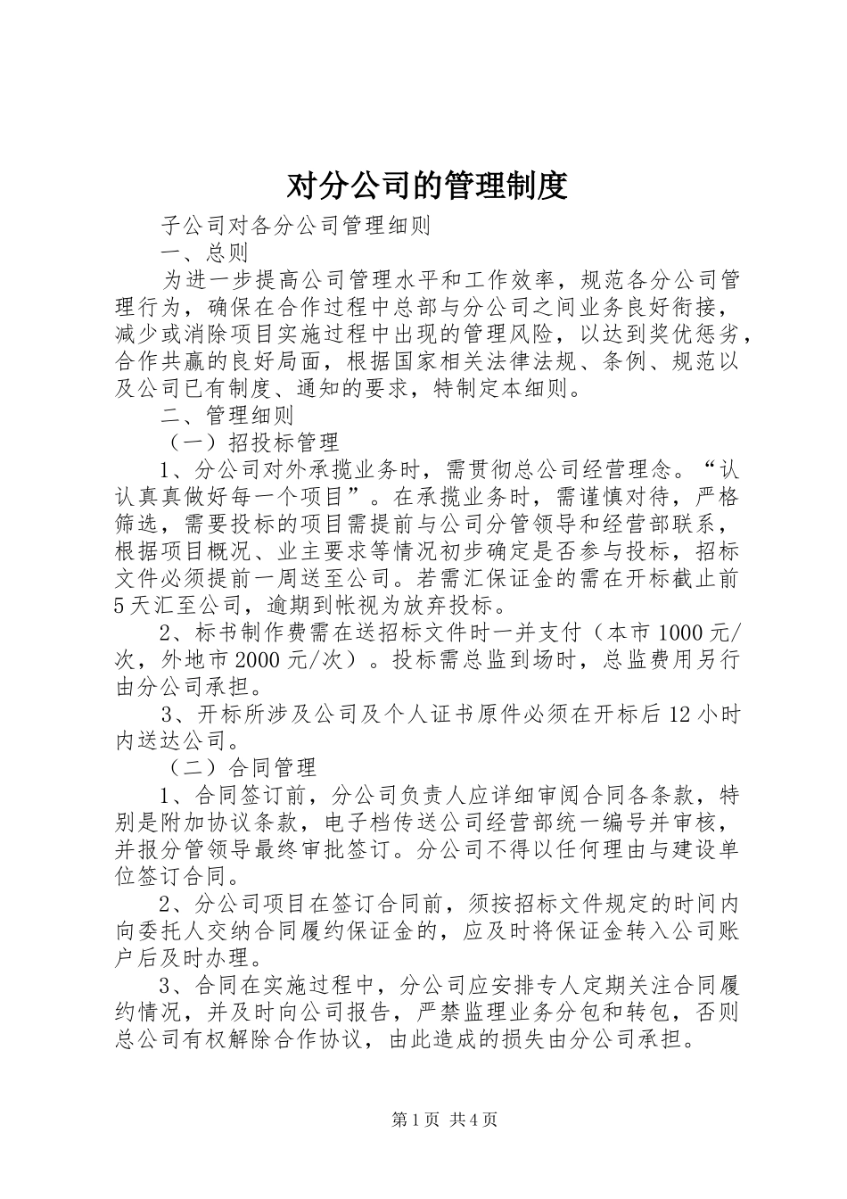 对分公司的管理规章制度 _第1页