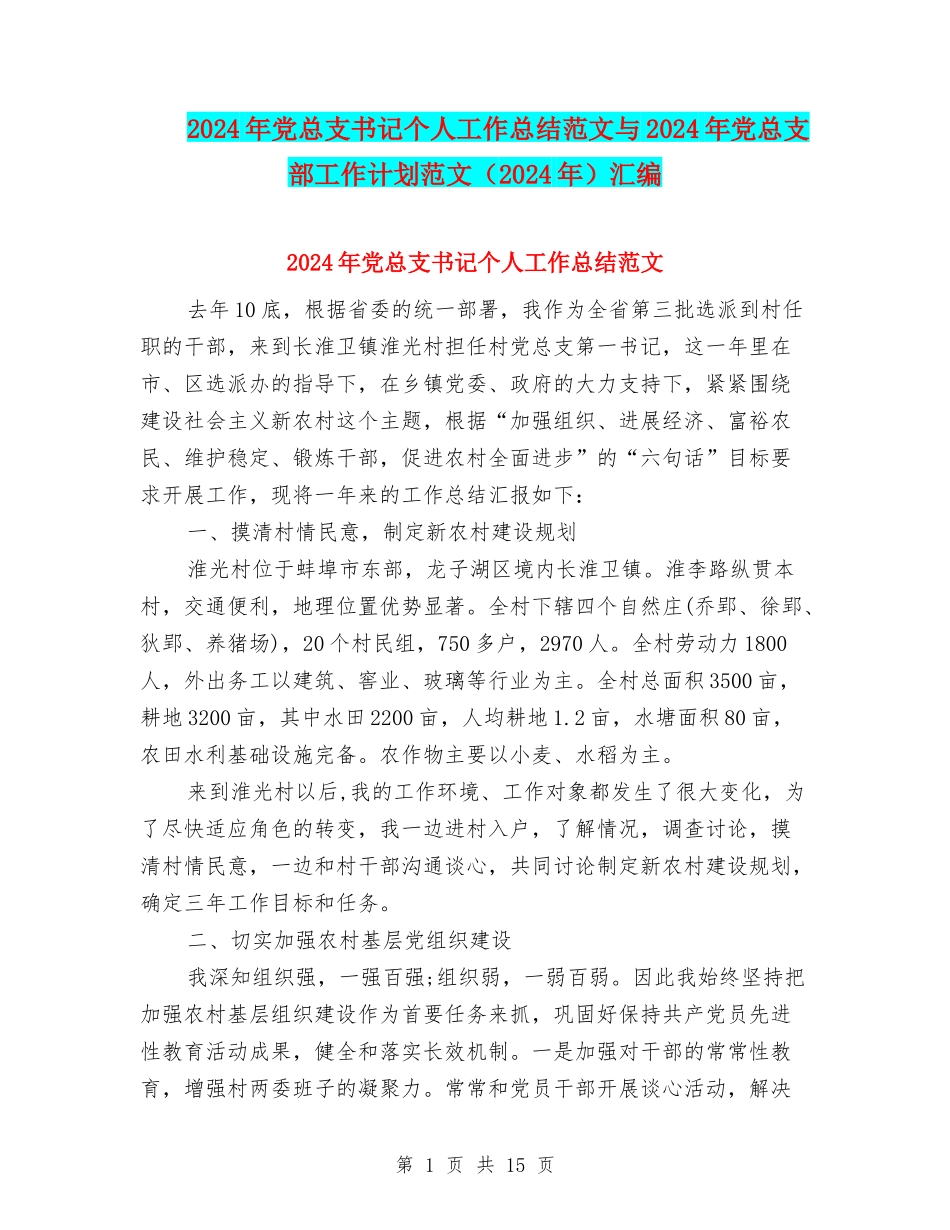 2024年党总支书记个人工作总结范文与2024年党总支部工作计划范文汇编_第1页