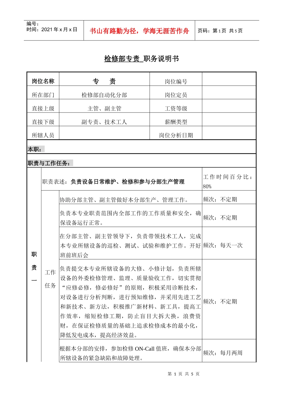 检修部专责职务说明书_第1页
