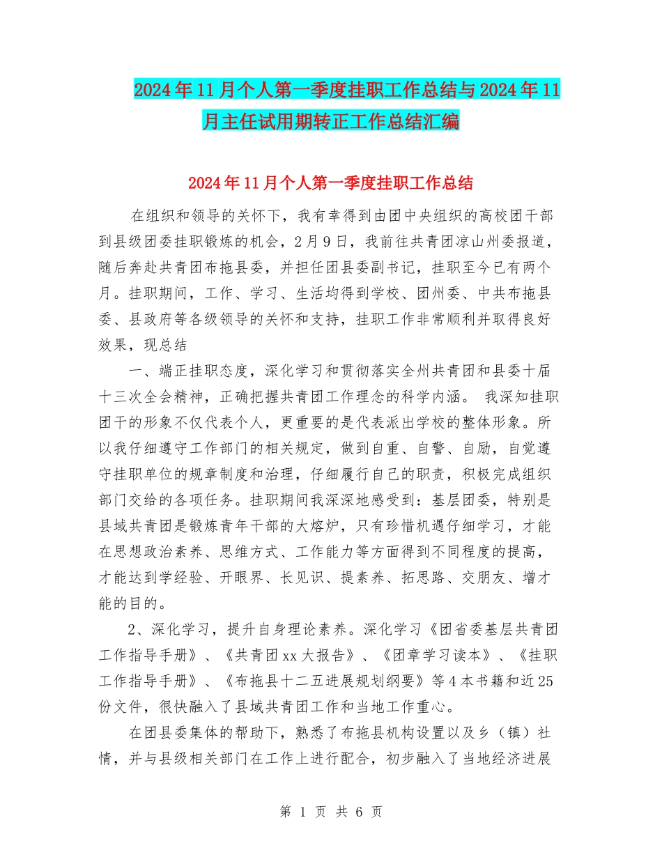 2024年11月个人第一季度挂职工作总结与2024年11月主任试用期转正工作总结汇编_第1页