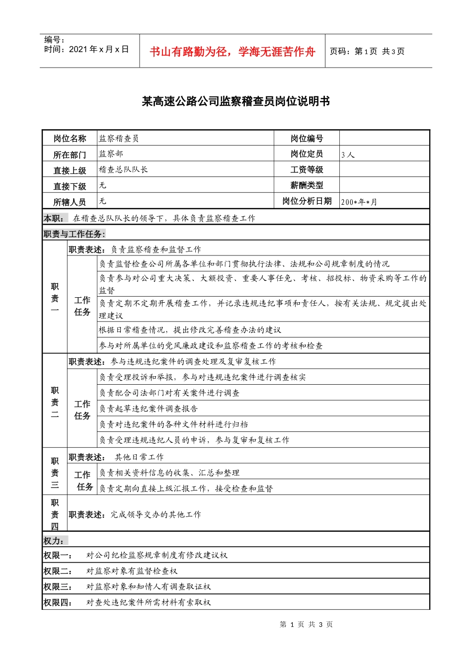 某高速公路公司监察稽查员岗位说明书_第1页