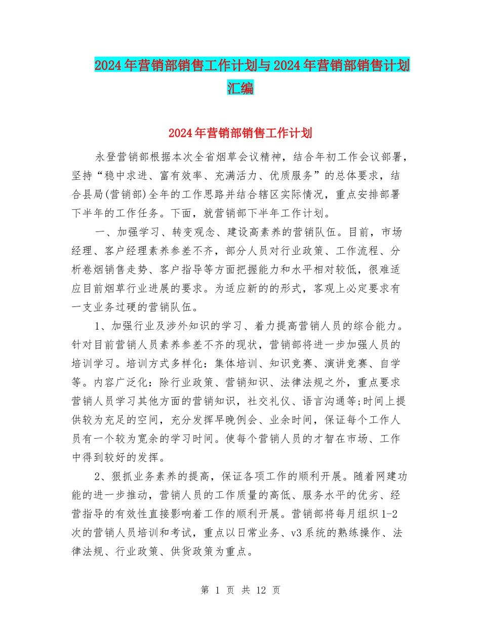 2024年营销部销售工作计划与2024年营销部销售计划汇编_第1页