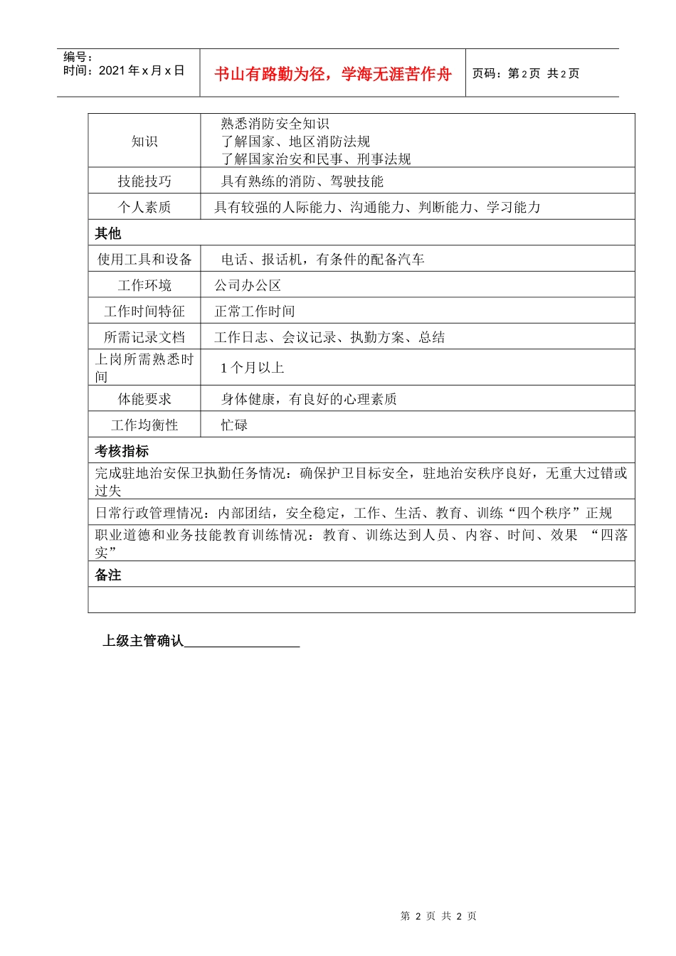 某汽车集团保卫部保卫科长岗位说明书_第2页