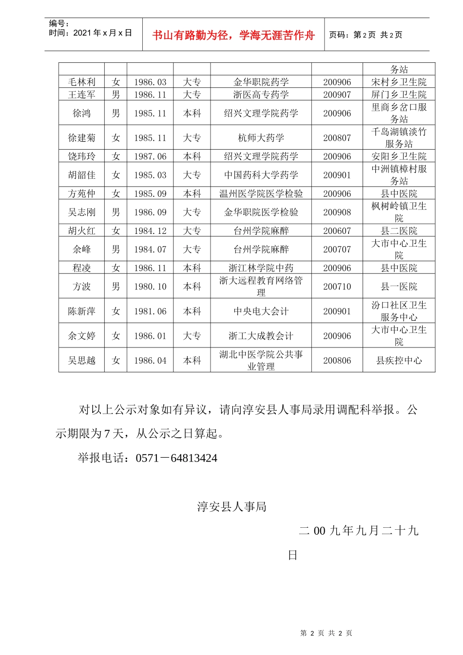 淳安县人事局公开招聘拟聘人员公示（县卫生局）doc-淳安_第2页