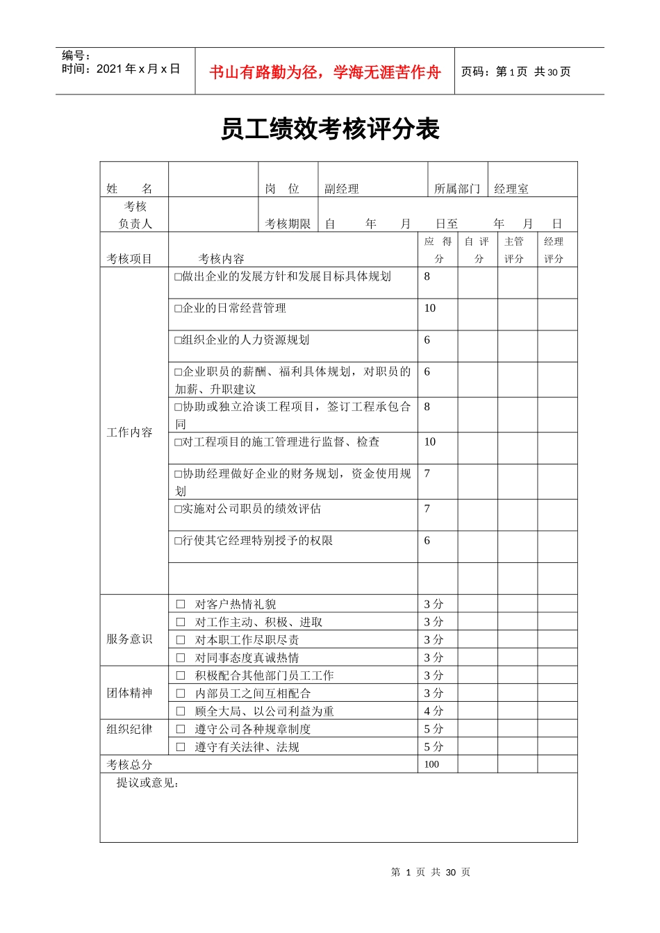建筑公司绩效考核评分表_第1页
