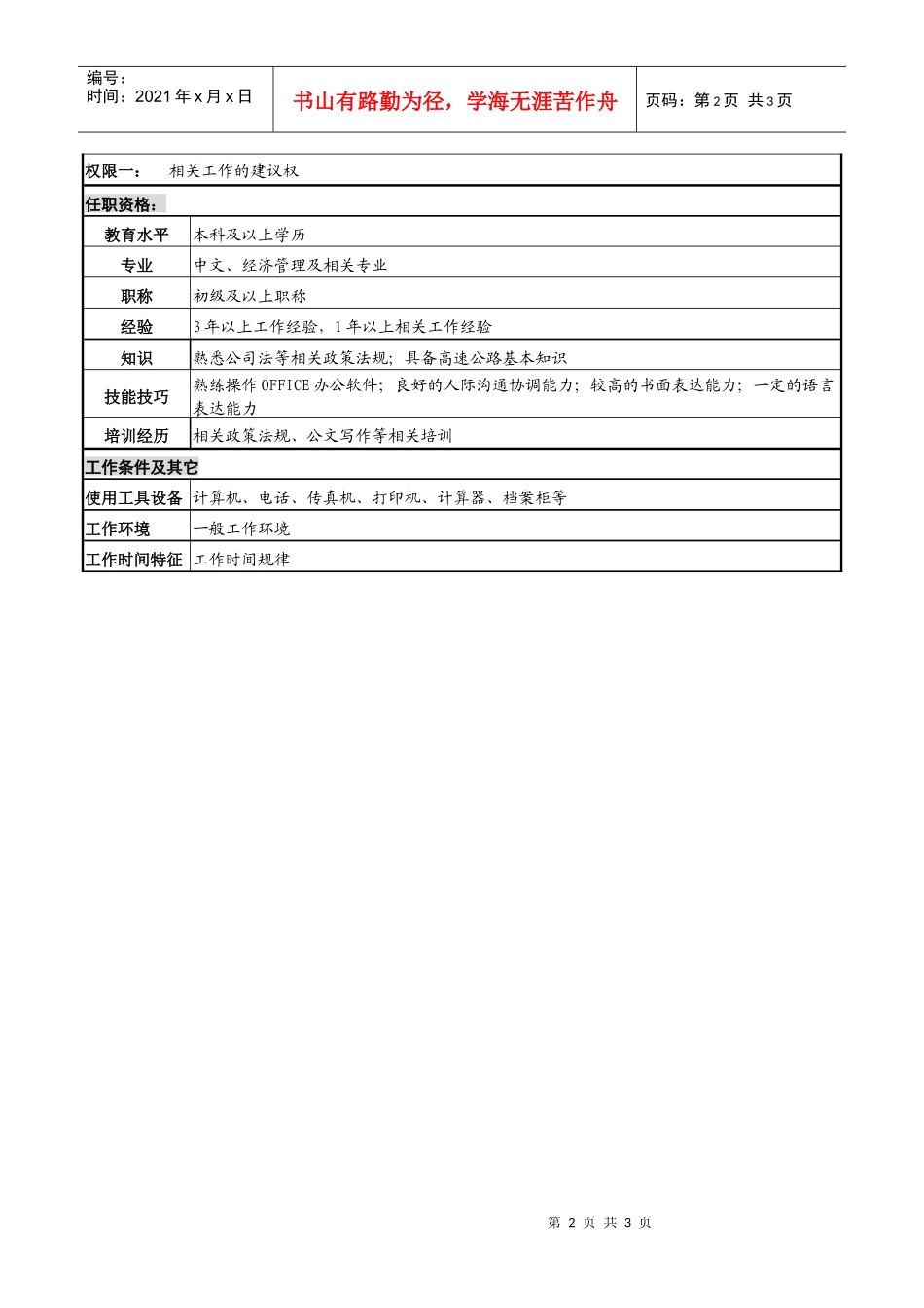 某高速公路公司董秘办职员岗位说明书_第2页