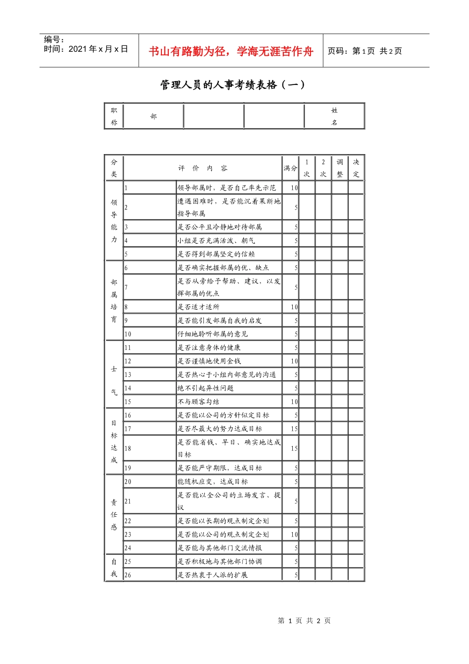 管理人员的人事考绩表格（一)_第1页