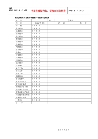 新职员岗位实习缺点检查表（范本）