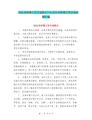 2024年护理工作计划例文2与2024年护理工作计划安排汇编