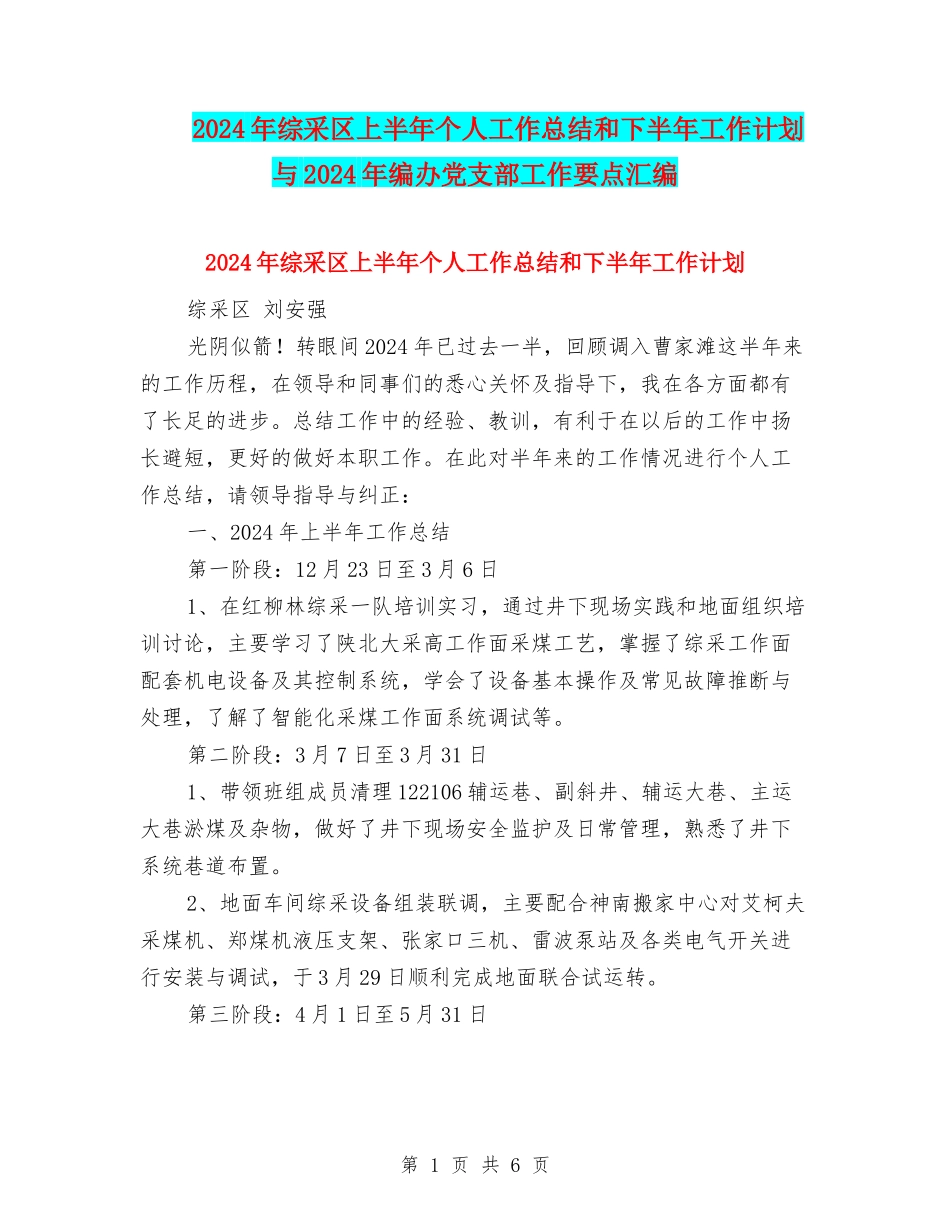 2024年综采区上半年个人工作总结和下半年工作计划与2024年编办党支部工作要点汇编_第1页