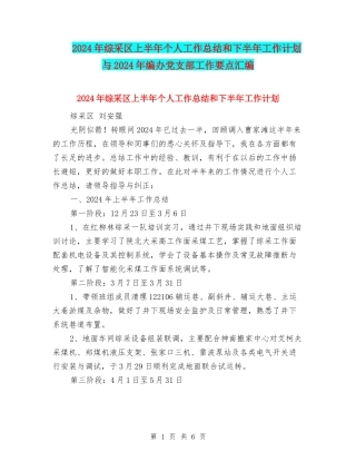2024年综采区上半年个人工作总结和下半年工作计划与2024年编办党支部工作要点汇编