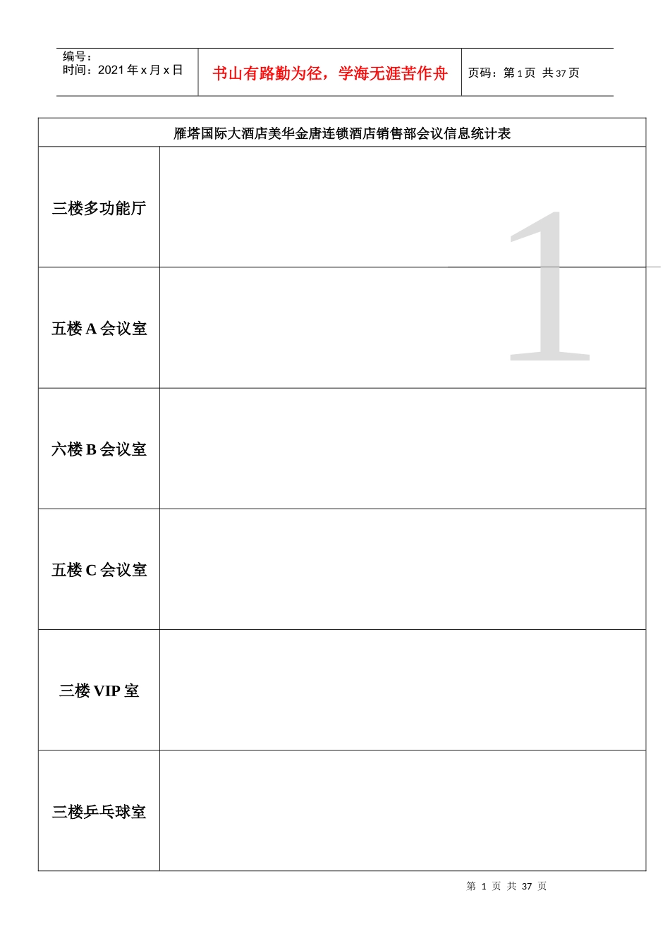 雁塔国际大酒店美华金唐连锁酒店销售部会议信息统计表_第1页