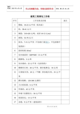 建筑工程劳务分包常用数据