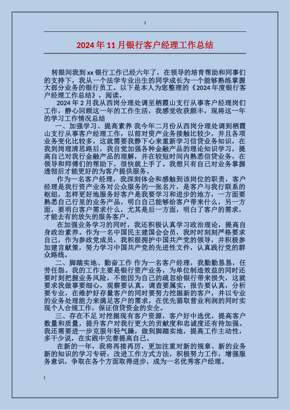 2024年11月银行客户经理工作总结_第1页