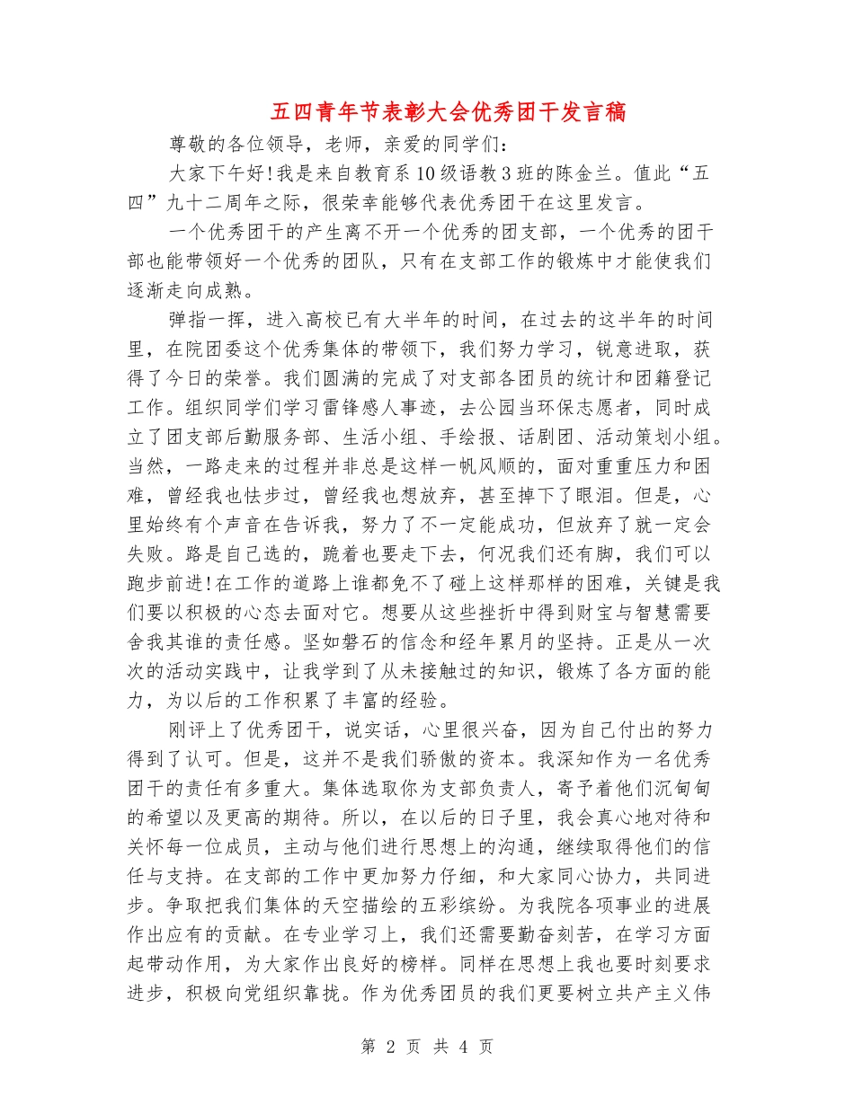 五四青年节表彰大会优秀团干发言稿_第2页