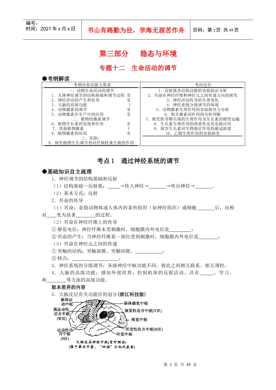 第三部分 稳态与环境 专题十二 生命活动的调节(考点1-3_第1页