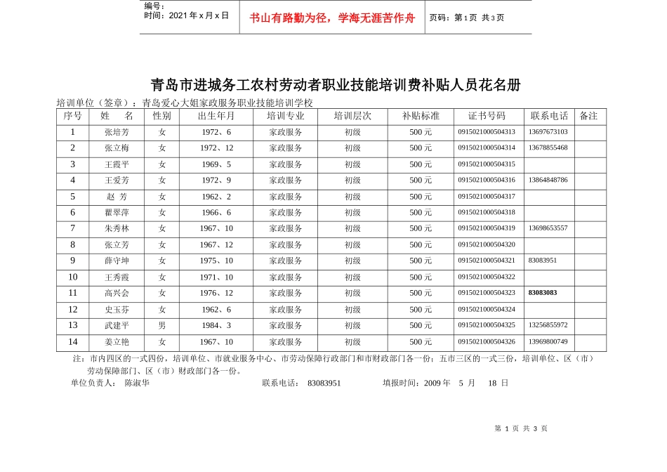 青岛市进城务工农村劳动者职业技能培训费补贴人员花名..._第1页