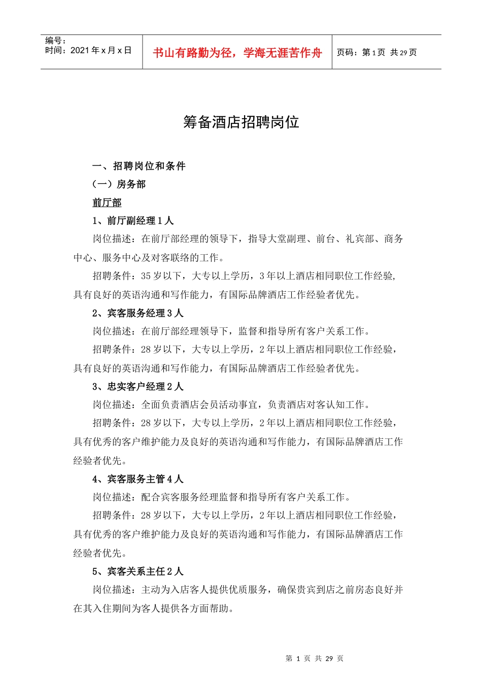 筹备酒店招聘岗位_第1页