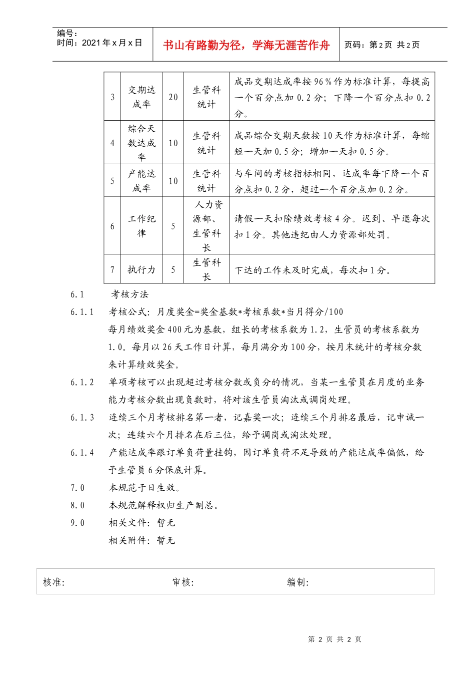 生产型企业生管科薪酬考核方案_第2页