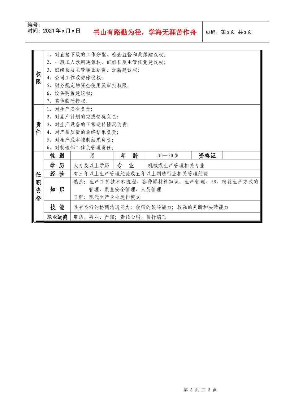 某中型制造业制造部经理岗位说明书_第3页