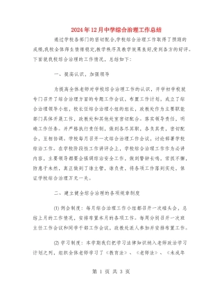 2018年12月中学综合治理工作总结