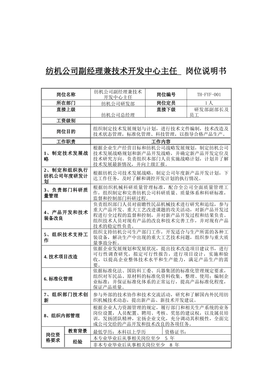 纺机公司副经理兼技术开发中心主任岗位说明书_第1页