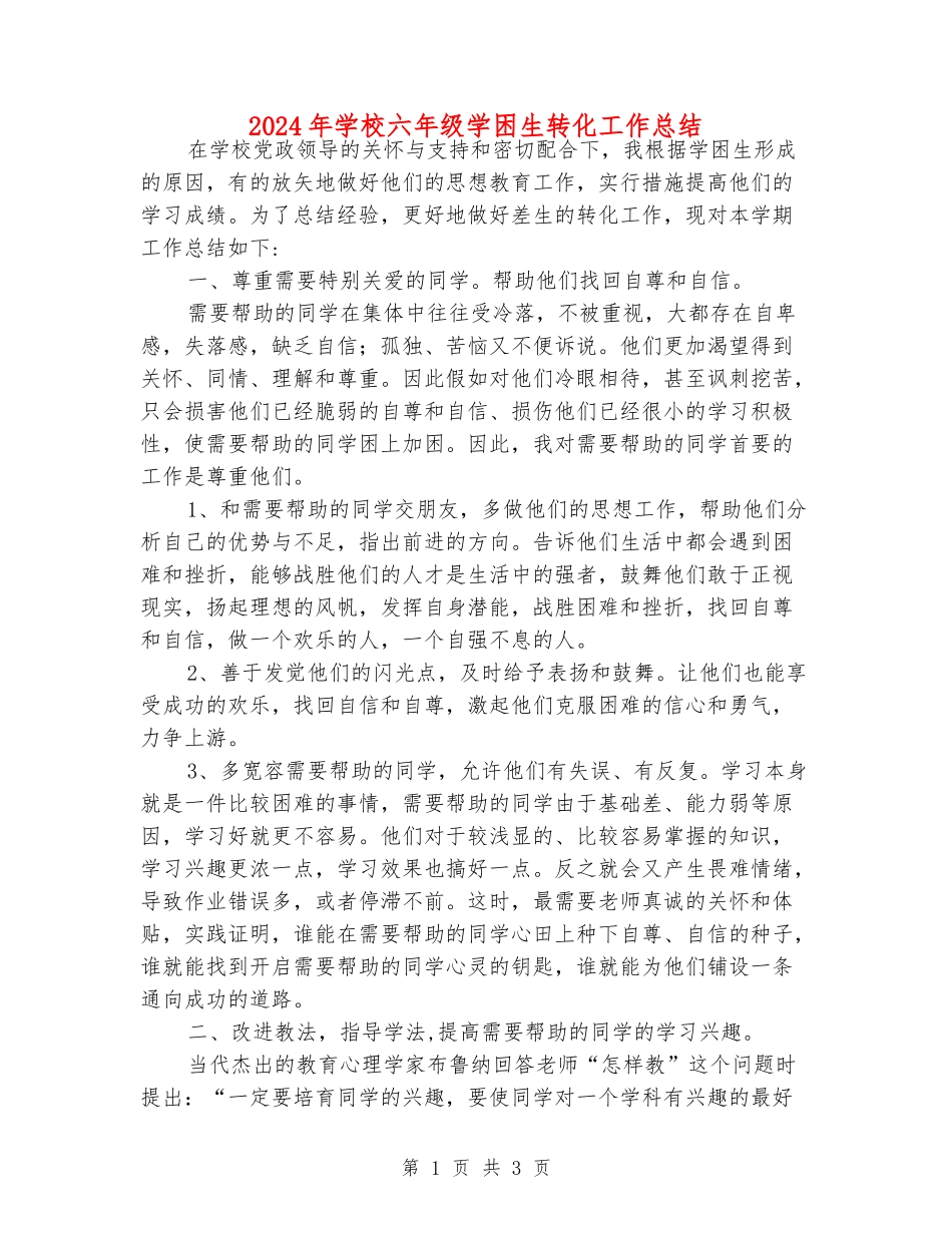 2024年小学六年级学困生转化工作总结_第1页
