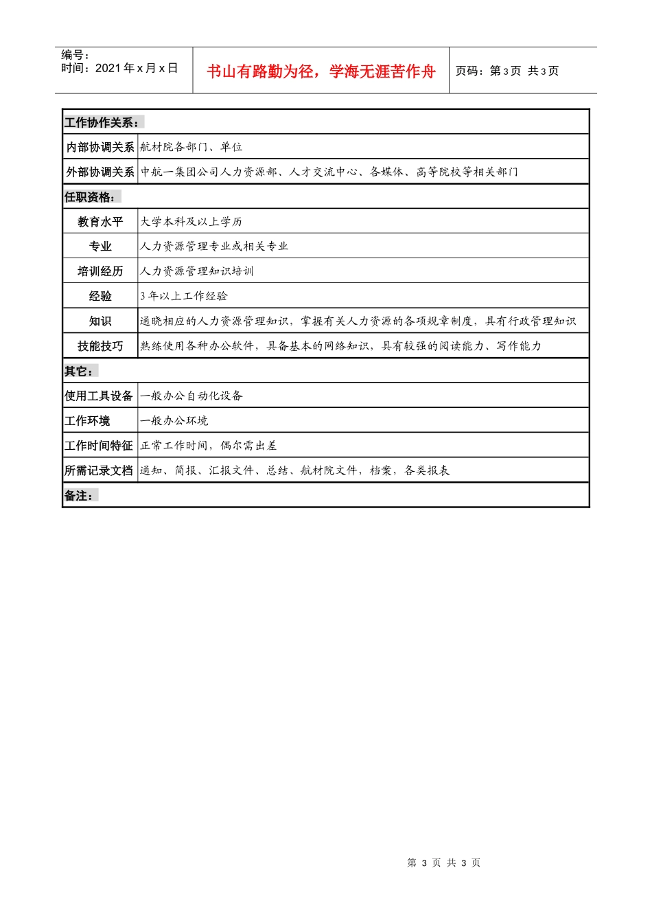 航材院人力资源部人事专责职务说明书_第3页