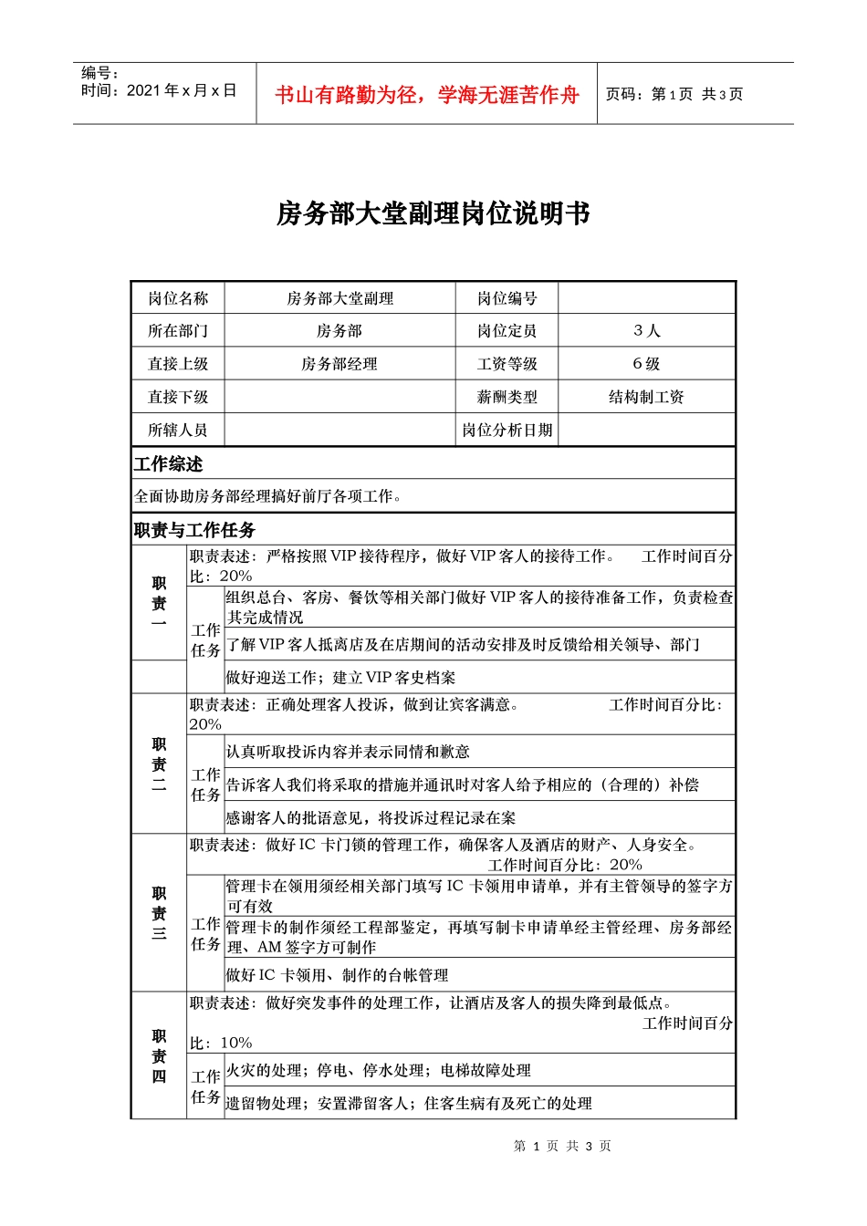 房务部大堂副理岗位说明书_第1页