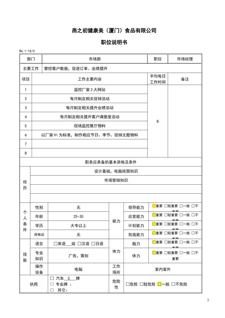 某食品有限公司职位说明书_第2页
