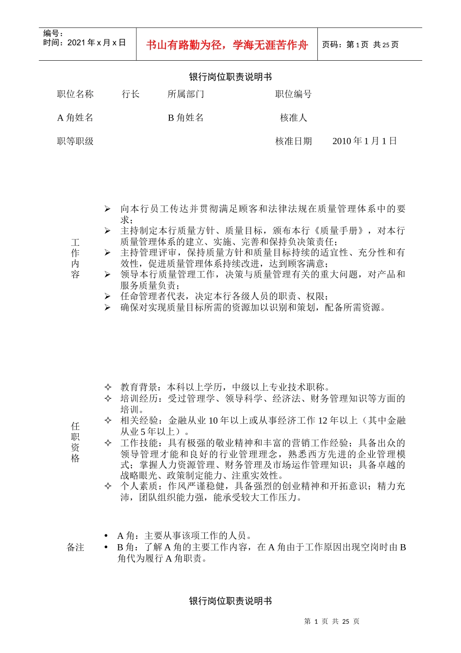 某商业银行全员岗位职责说明书_第1页