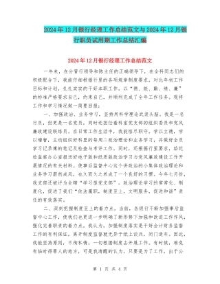 2024年12月银行经理工作总结范文与2024年12月银行职员试用期工作总结汇编
