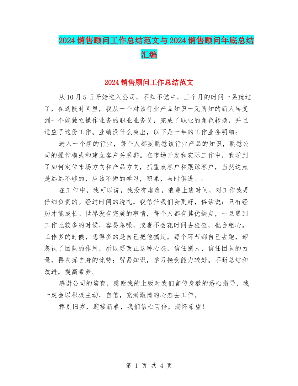 2024销售顾问工作总结范文与2024销售顾问年底总结汇编_第1页